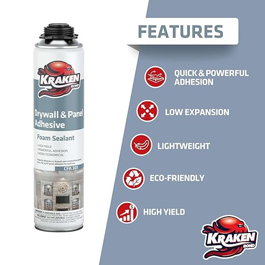 KRAKEN BOND Drywall & Panel Adhesive Foam - (12x24oz) Heavy-Duty, Fast-Curing Construction Adhesive for Concrete, Wood, and Heat Insulation Applications - 12 Pack