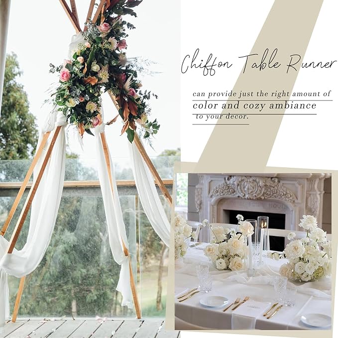 10ft White Chiffon Table Runner 30 x 120 Inches Romantic Sheer Table Runners for Wedding Party Bridal Baby Shower Birthday Holiday Decorations