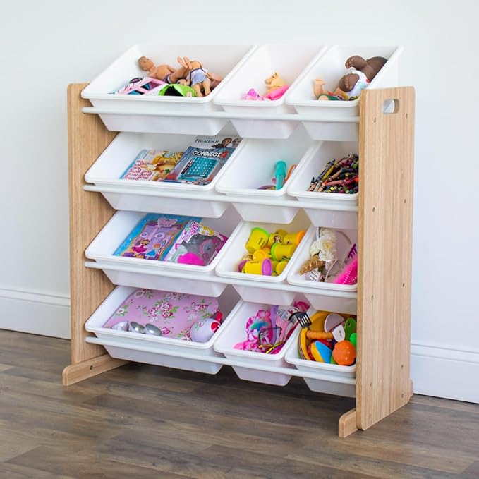 Humble Crew Kids Toy Storage Organizer with 12 Plastic Bins, Natural Wood/White – Removable Bins for Playroom, Bedroom, Toddler Furniture for Boys and Girls Ages