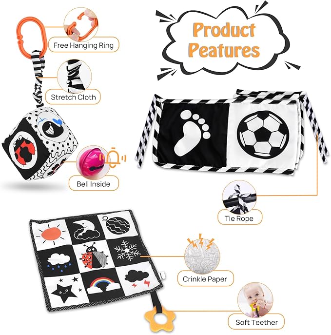 SAMMAS Black and White High Contrast Baby Toys 0-3 Months for Newborn Toys Infant Sensory Soft Book Infant Tummy Time Toys for Brain Development Montessori Learning Activities for Babies(3 Pcs)