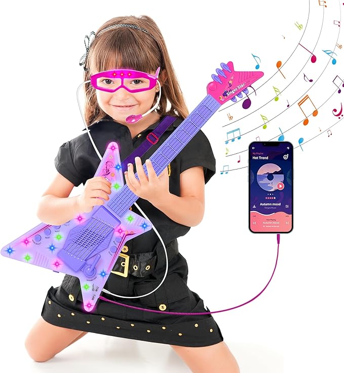 Guitar and Microphone Play Set for Girls,Kids Music Toys,Karaoke Machine with Music&Light,Music Instruments for Toddlers,Educational Toys Gift for Children