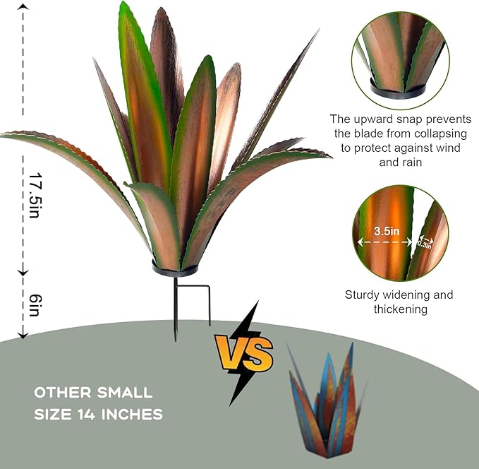 TOMBABY Enlarge Thickened Wind Resistant Metal Agave Garden Art Metal Plant Country Garden Sculpture Statue Outdoor Decoration Agave Metal Plant Courtyard Lawn Ornament Gift (2, 12 Leaves Green)
