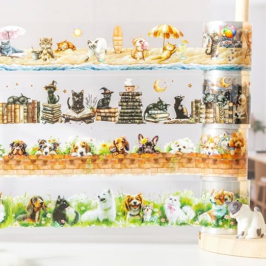 PET Tape Set for Junk Journal,6 Rolls Cute Cat Tape Stickers,Clear Pet Dog Stickers for Scrapbooking,Journaling,Planner,DIY Arts Crafts,Notebook,Phone Case,Cups(Pet Time)