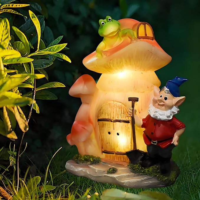 VINIUSIKI Garden Statues Mushroom House Gnome with Solar Light, LED Outdoor Fairy House Statue for Lawn,Balcony-Yard Art Patio Decor, Outdoor Easter Decorations Gifts for Mom Women