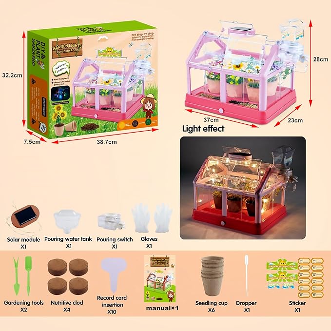 Kids Plant Growing Kit Greenhouse Growing Set Terrarium Kit Kids Science Educational DIY Plant Gardening Toy, Living Greenhouse with Solar Panel, Indoor Gardening Kit