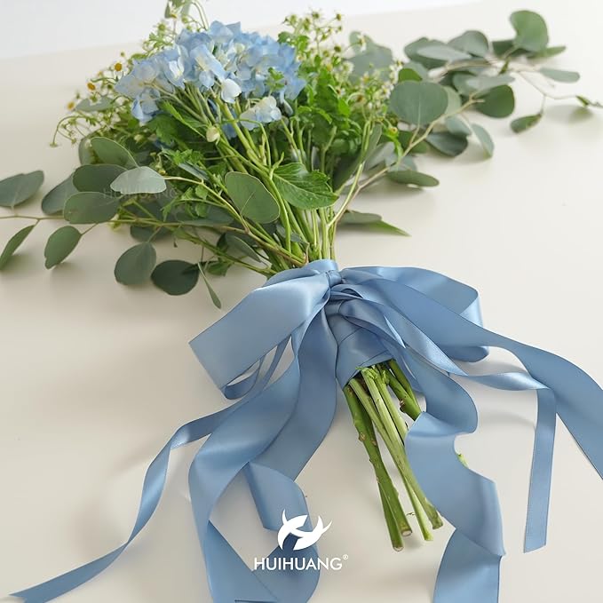 HUIHUANG Dusty Blue Satin Ribbon 1/2 inch X 50 Yards Continuous, Blue Double-Faced Satin Ribbon for Gift Wrapping, Bows, DIY Crafts, Flower Bouquet, Bridal Wedding Decor, Flower Crowns Decor