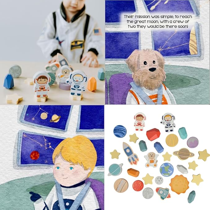 Toddler 30 Piece Stacking Wood Blocks Space Gift - Montessori 2 Year Old Fine Motor Skills Toy Learning Stacking Shape Sorter Sensory Preschool Busy Journey to the Moon (Book and Block Set, Wood)