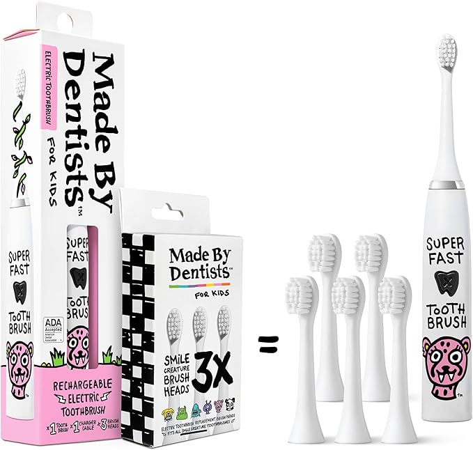 Kids Electric Toothbrush - Rechargeable Vibrating Toothbrush with Timer, Includes 6 Replacement Heads, Gently Cleans Teeth, for Girls and Boys, Kids & Toddlers Age 2+, Cheetah