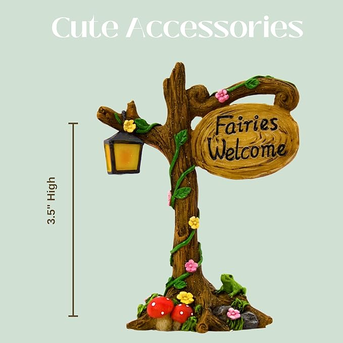 PRETMANNS Fairy House Kit - Fairy Garden Accessories for Outdoor Miniature Village Decor, with Fairies & Sign - House, 7’ High & Door can Open Wide - 4 Piece Supplies