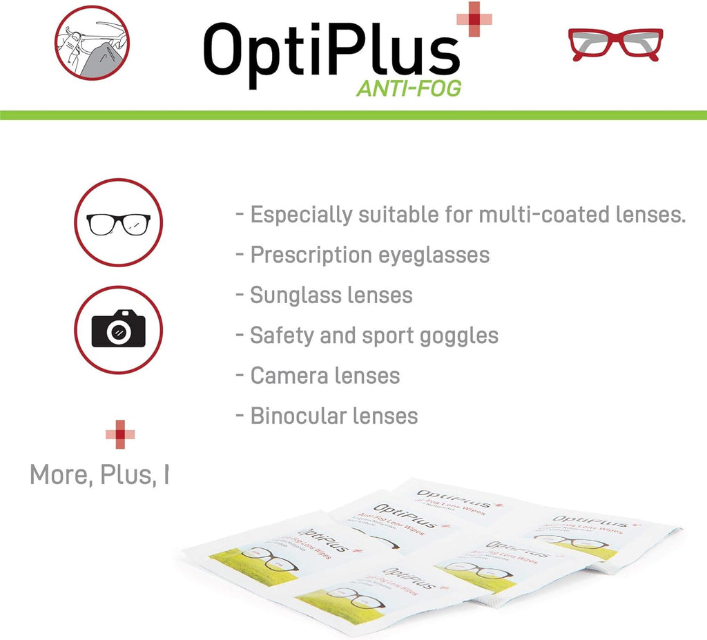 OptiPlus Anti Fog Pre-Moistened Cleaning Wipes for Glasses, Screens, Lenses - Quick-Dry, Scratch-Free, 100 Count