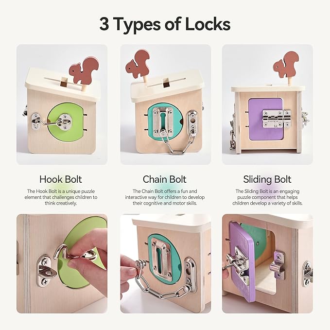 Wooden Lock Box STEM Learning Toys for Kids - Montessori Puzzle Cube with 3 Types of Locks (Hook/Chain/Sliding Bolt), Shape Sorting - Early Educational Fine Motor Skills for Boys & Girls