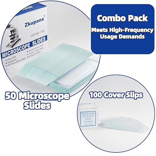 Blank Glass Microscope Slides and Covers - Ground Edges & 45° Clipped Corners, High-Clarity, Pre-Cleaned, 50 Slides & 100 Coverslips, Microscope Accessories for Experiments & Analyses