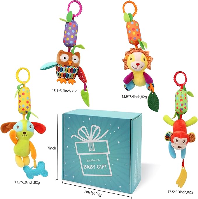 BLOOBLOOMAX Baby Soft Hanging Rattle, Car Seat Stroller Toys with Plush Animal C-Clip Ring for Infant Babies Boys and Girls 3 6 9 to 12 Months (4pcs)