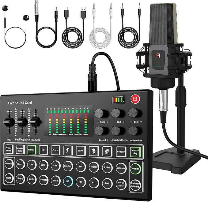 RHM Podcast Equipment Bundle, All-in-One Audio Interface DJ Mixer with Microphone, Stand, Monitor Earphone, Audio Mixer With Sound card for PC/Laptop/Phone, Streaming/Podcasting/Gaming (M9 Set)