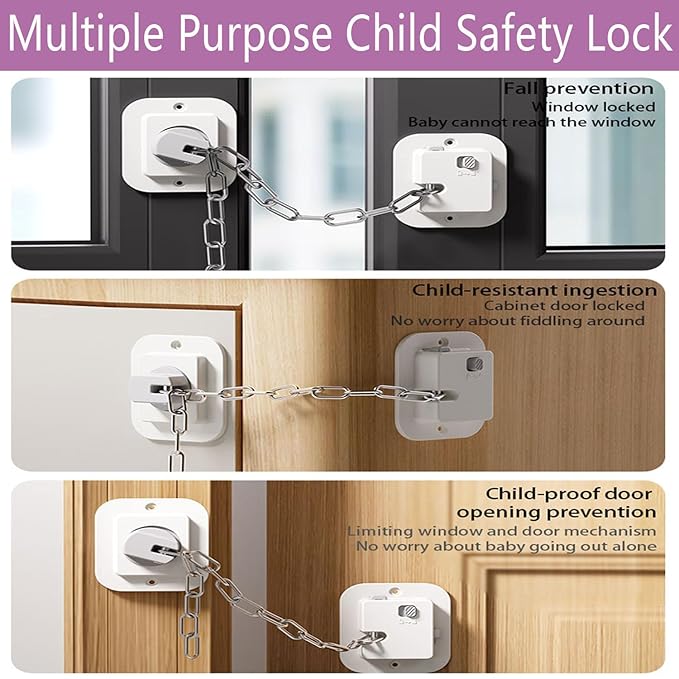Child Proof Door Lock with Adjustable Strap, 3M Adhesive Safety Locks for Baby & Pets, No Tools Needed 4 Pack