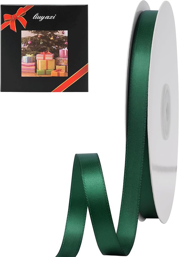 LIUYAXI Forest Green Stain Ribbon, 1/2" X Continuous 50 Yards, Double Faced Fabric Ribbon Perfect for Gift Wrapping Wedding Christmas Birthday Floral Arrangement Craft