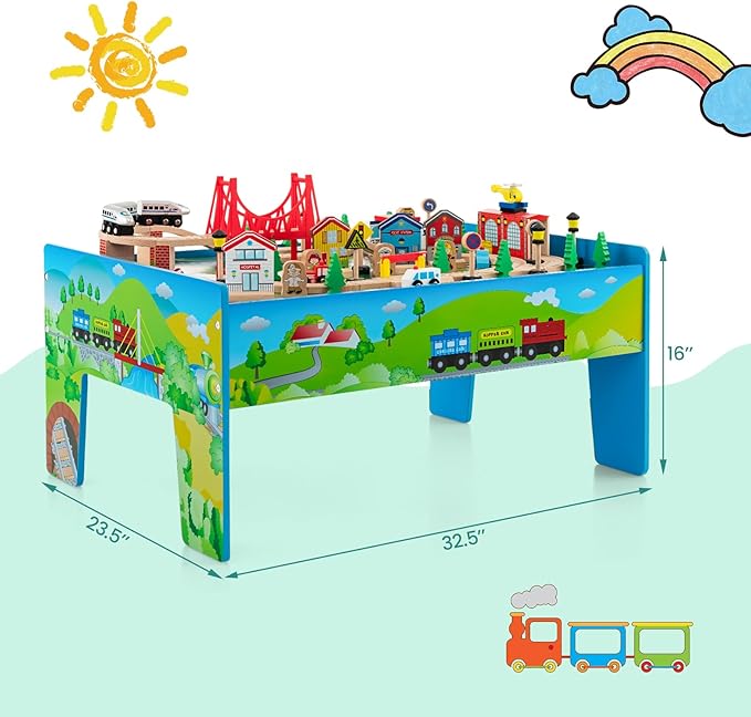 GLACER 80-Piece Train Table, Large Multipurpose Wooden Toy Activity Table Playset with Reversible Detachable Tabletop, Railway Tracks, Trains, Cars, DIY Design, Gift for Boys Girls Age 3+, Multi-Color