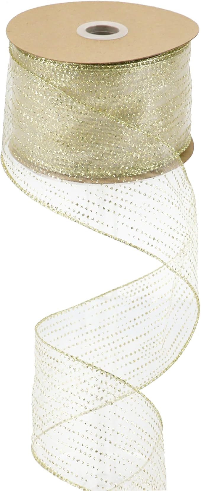MEEDEE Glitter Gold Wired Ribbon 2.5 Inch Horizontal Stripes Polka Dot Christmas Ribbon Organza Sheer Glitter 25 Yards Gold for Christmas Tree, Wreath Bow Making
