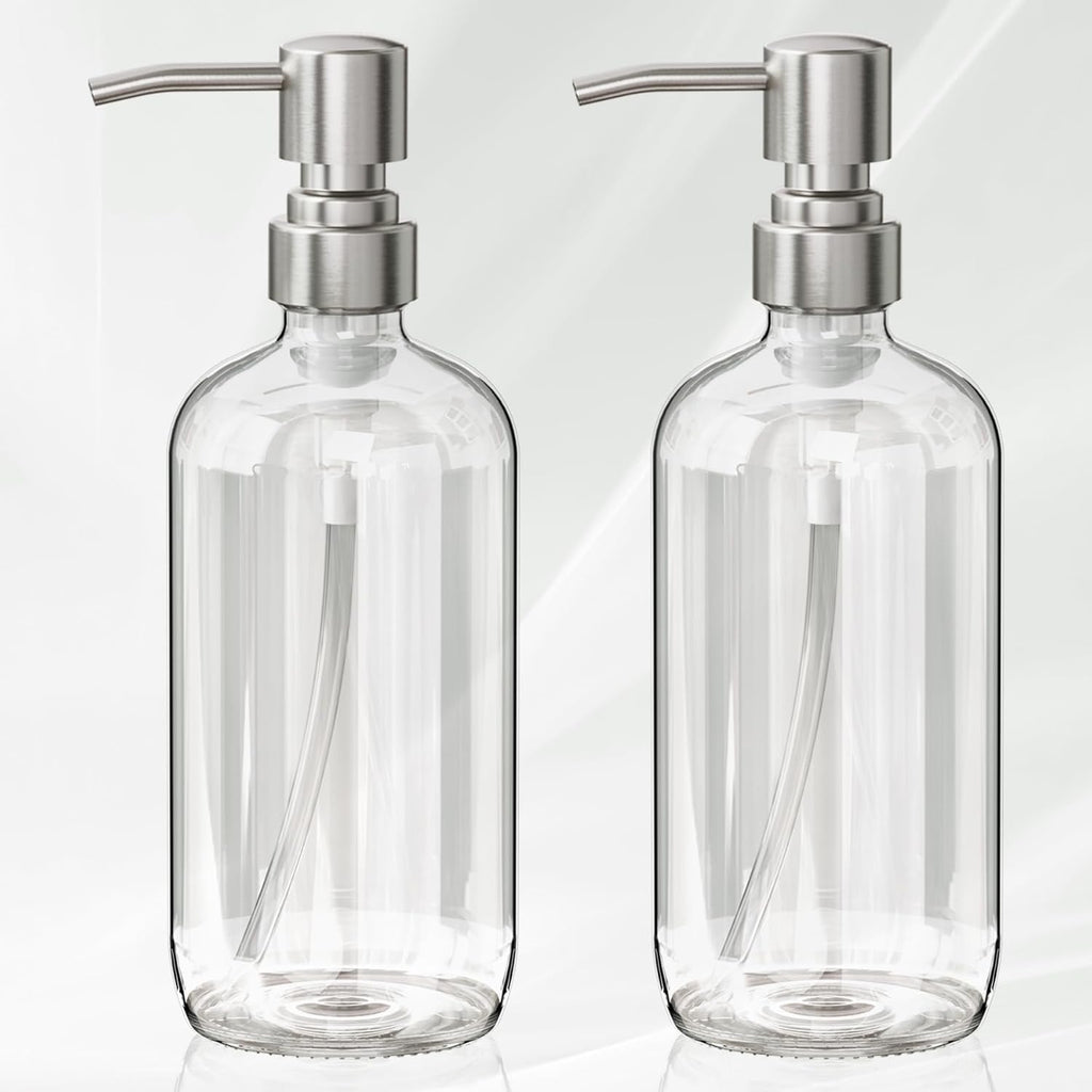 AmazerBath Soap Dispenser, 2 Pack Glass Soap Dispenser with Pump Stainless Steel, 17 Oz Hand Soap Bottles Bathroom Kitchen, Clear