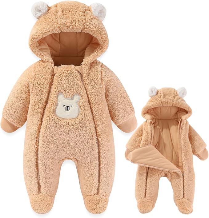Fairy Baby Newborn Baby Winter Snowsuit Bear Thick Romper Footie Double Zip Hooded Jumpsuit Fleece Coat Infant Boy Girl 0-12M