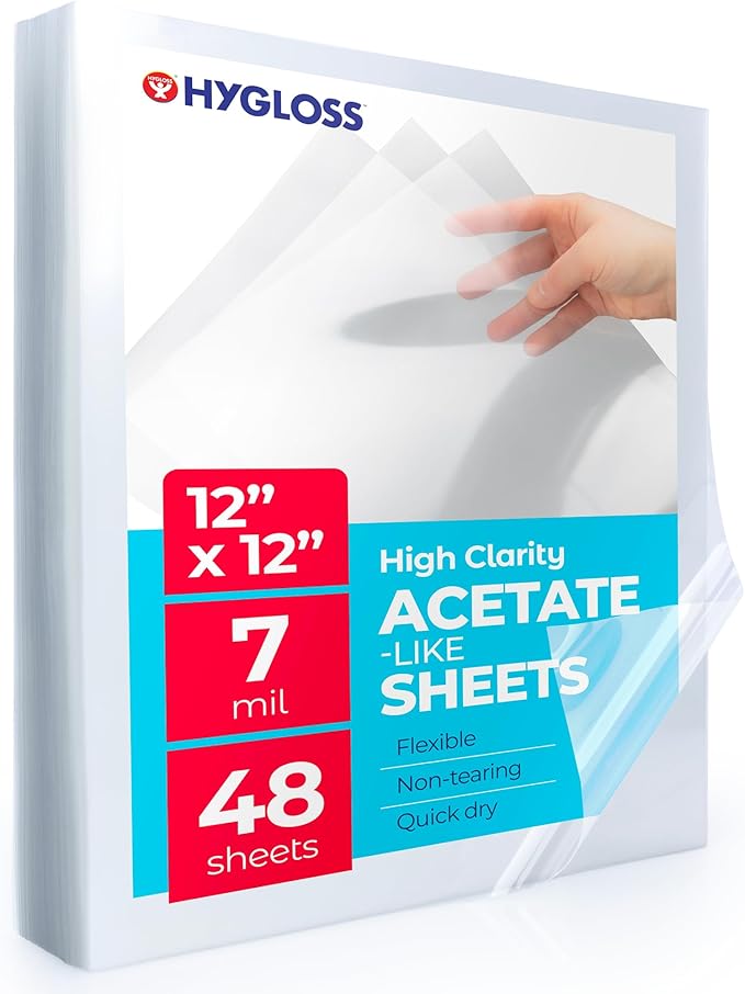 Hygloss 12" x 12" Acetate Paper - 7 Mil Clear Acetate Sheets for Crafts Projects, Cricut Stencil Sheets, Classroom Stencil Sheets, Reusable Transparent Clear Plastic Sheet (Not for Printers) 48 Pack