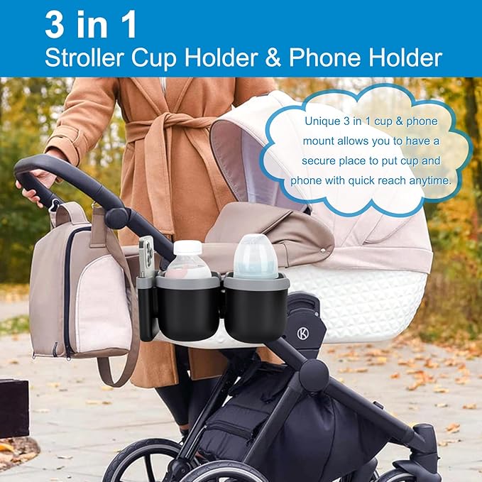 Accmor Stroller Cup Holder with Phone Holder, Bike Cup Holder, Universal Cup Holder for Uppababy Nuna Doona Strollers, 2-in-1 Cup Phone Holder for Stroller, Bike, Wheelchair, Walker, Scooter