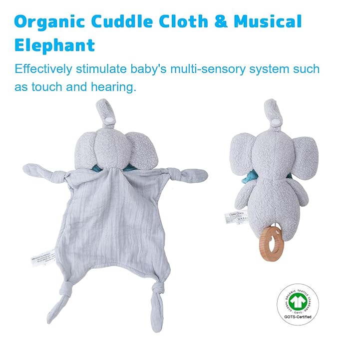 Organic Cotton Stuffed Animal Rattle Baby Toys, Organic Elephant Cuddle Cloth & Organic Musical Elephant Plush Toy Set for Newborns Infant Boys Girls, 2 PCS