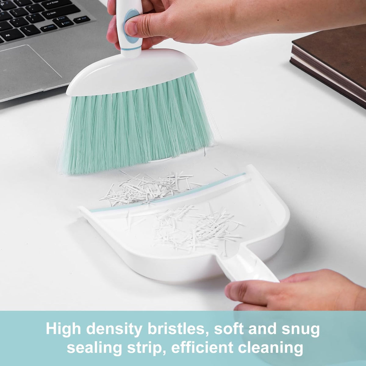 NACENA Small Dust Pan and Brush Set, Mini Broom and Dustpan Set Small Hand Broom and Brush Combo Dust Pan with Teeth for Home Cleaning Drawers Desktop Sofas Pet Care and Outdoor, Blue