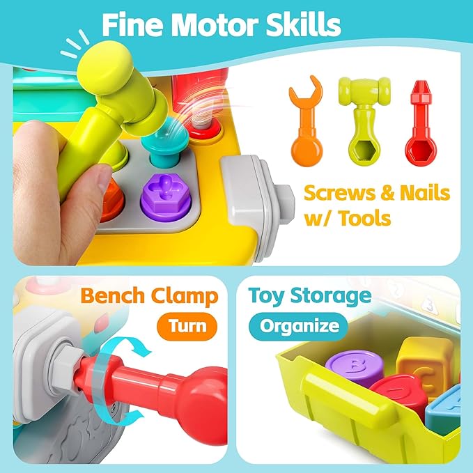 iPlay, iLearn Toddler Musical Workbench Toys for One Year Old Boys, Baby Pretend Play Tool Set, Infant Shape Sorter Activities, Kids Pounding Game, 1st Birthday Gift for 12 18 24 Month Girls Age 1 2 3