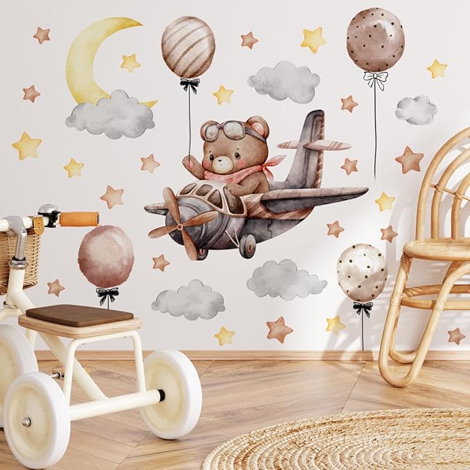 Runtoo Baby Bear Flying Plane Wall Decal Moon and Stars Sweet Dream Animal Wall Stickers Baby Nursery Kids Bedroom Home Decor