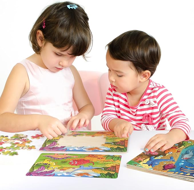 SYNARRY Wooden Jigsaw Puzzles for Kids Age 3-5 Year Old, 4 Pack 24-40 Pieces Preschool Educational Learning Toys Gift Set for Children Boys and Girls, Sea Life, Insects, Animals, Dinosaurs Themes