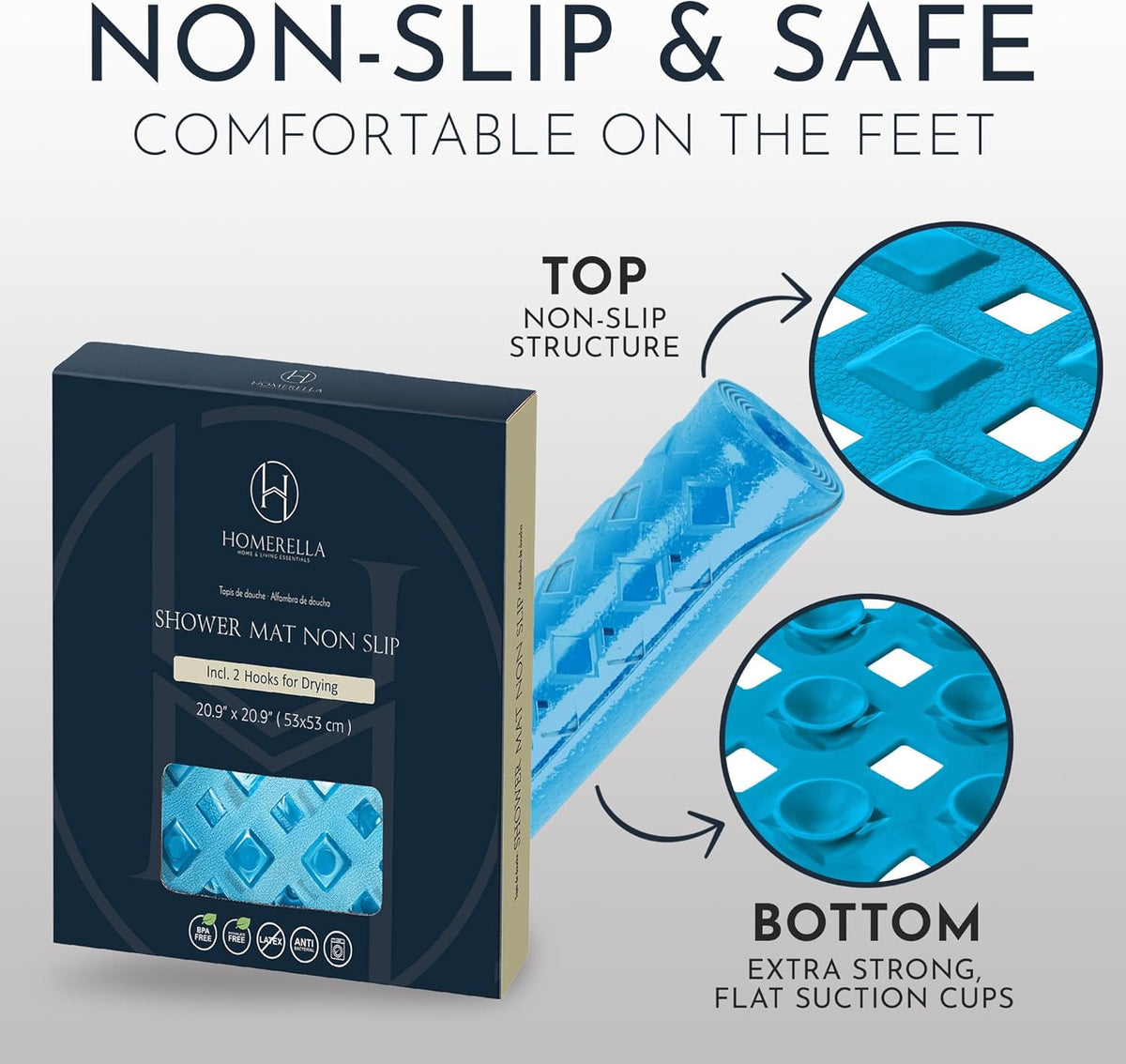 Homerella Anti Slip Shower Mat | Anti Mold Non Slip Bathtub Mat for Inside Shower | Square Floor Shower Mat 21 x 21 inch with Suction Cups for Grip & Hooks Hanging and Quick Drying | Machine Washable