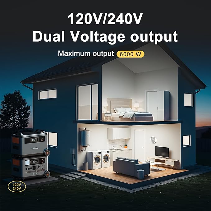 OSCAL 6000W Solar Generator(2025 New),120V/240V Split Phase Voltage Portable Power Station PowerMax 6000 with 4×500W Panel, 4 * 6000w AC Output (9000W Surge),2400W MPPT Solar for Emergency 999