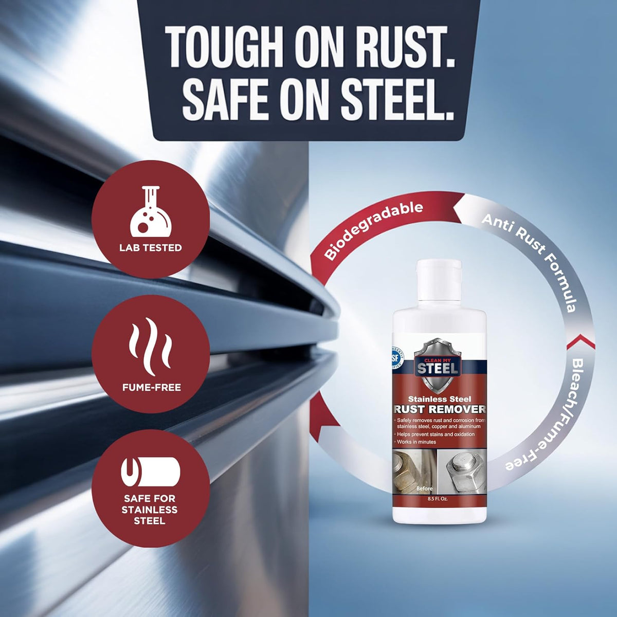 Stainless Steel Rust Stain Remover & Cleaner, Soft Cleanser, Safe for Food Areas, Non-Toxic for Appliances Perfect for Commercial Equipment, Refrigerator, Cybertruck and more (8.5 oz)
