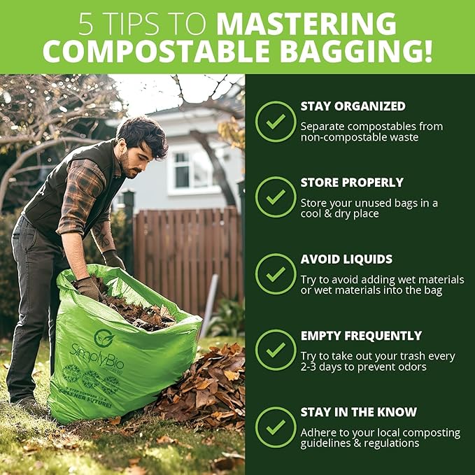 60-64 Gallon Compostable Trash Bags 12 Bags with Flat-Top Large Compost Bags Thick 1.57 Mil, 242.72 Liter Lawn and Yard Waste Bag for Outdoor Garden ASTM D6400, US BPI and OK Compost Home Certified