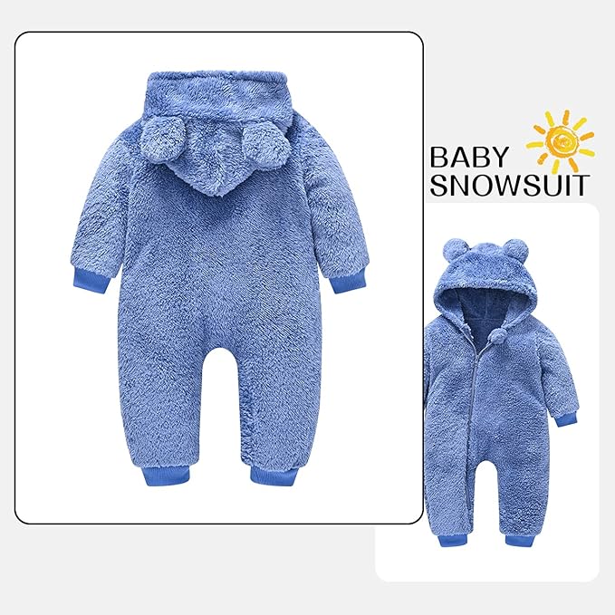 Baby Fleece Jumpsuits Infant Bear Ear Snowsuit Newborn Hooded Romper Warm Coat