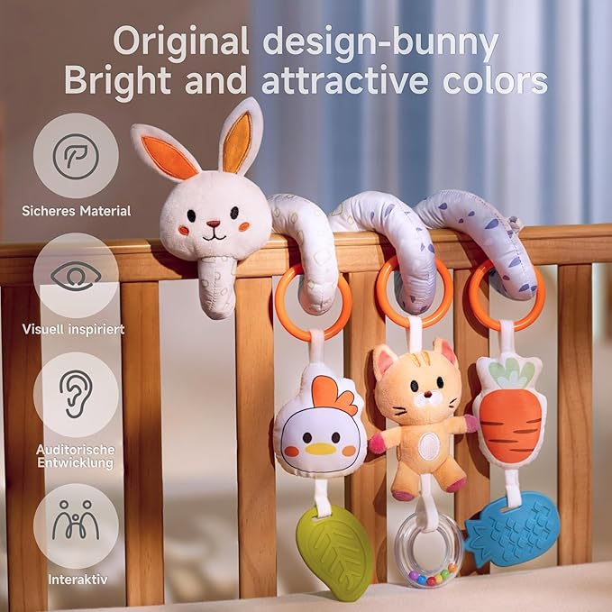 TUMAMA Spiral Car Seat Toys Baby Toys for 0 3 6 9 12 Months, Infant Stroller Toy Newborn Hanging Toys with Rattle, Teether