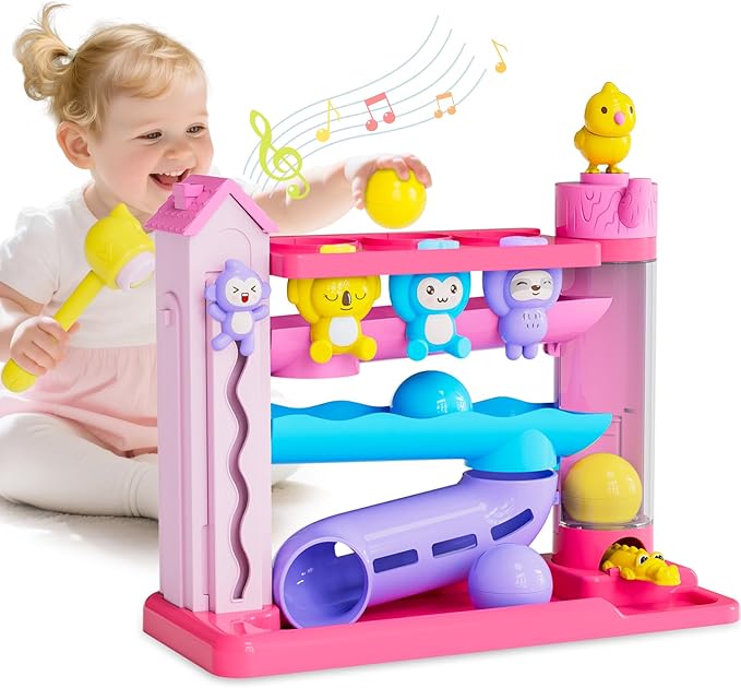 Toddler Musical Toys for 1+ Years Old Girls,Fine Motor Skills Developmental Baby Toy 12-18-24+ Months,Bilingual Toddler Learning Ball Drop Toy,Infant Birthday Gifts Toys for 1 2 Year Old Girl(Pink)