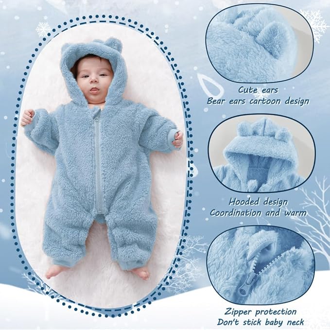 Newborn Baby Bear Outfit Suit Girls Boys Fleece Jumpsuit Romper Hooded Winter Snowsuit Clothes