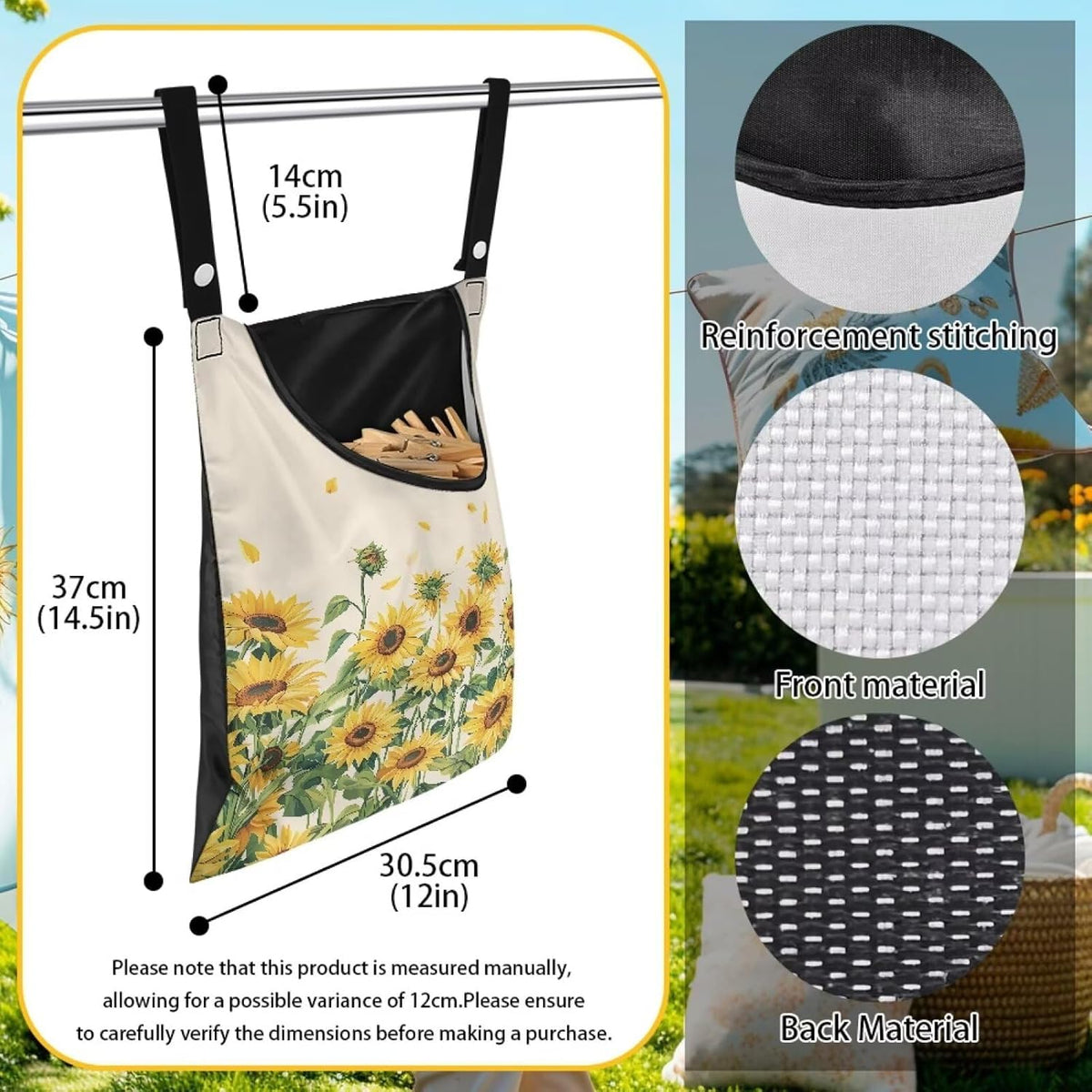 Sunflower Clothespin Bag, Hanging Laundry Bag, Hanging Storage Organizer with Hanging Rope Clothes Lines for Hanging Clothes Outside, for Home Outdoor