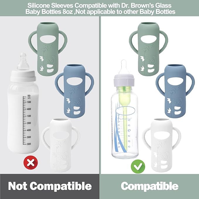 3 Pack Silicone Sleeves for Dr. Brown's Glass Baby Bottles - Drop Protection Baby Bottle Sleeves,Compatible with Dr. Brown's Newborn Glass Bottles,with Silicone Handles,8 oz