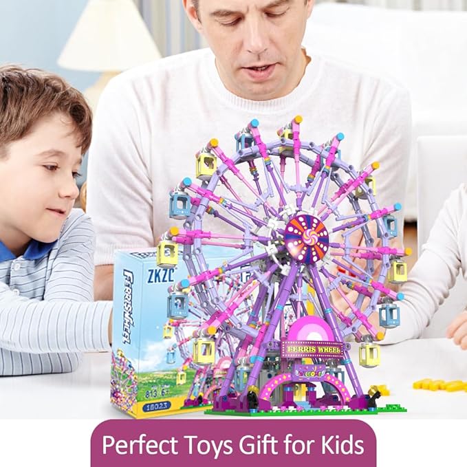 Rotating Ferris Wheel Building Blocks Kit with Lights Amusement Park Building Construction Toys Set for 6+ Year Boys Girls Birthday Gift, for Children 813pcs