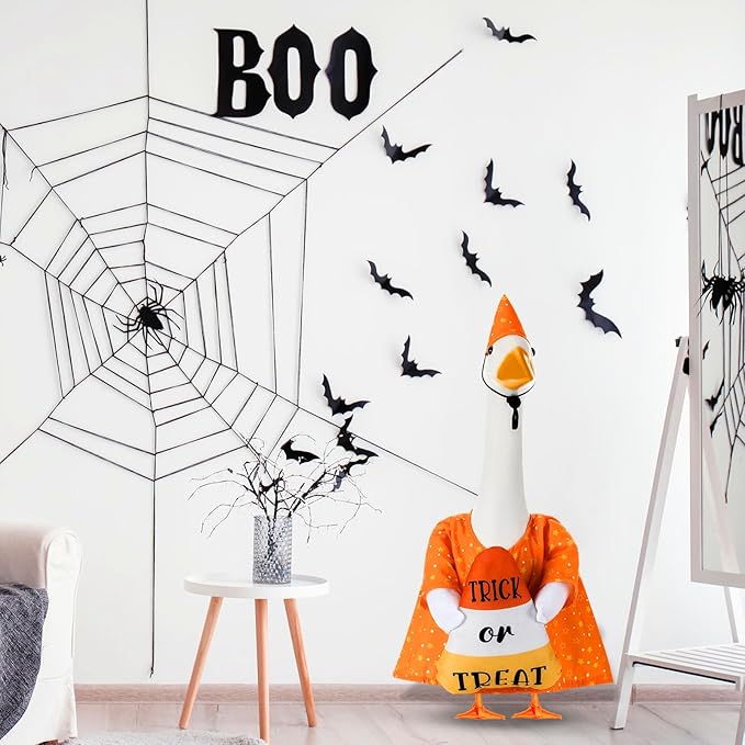 Sanwuta 1 Set Halloween Porch Goose Outfit Candy Corn Pillow Design with Hat for 23" Lawn Cement Goose Porch Geese Clothes Costume for Halloween Garden Patio Yard Outdoor Decorations