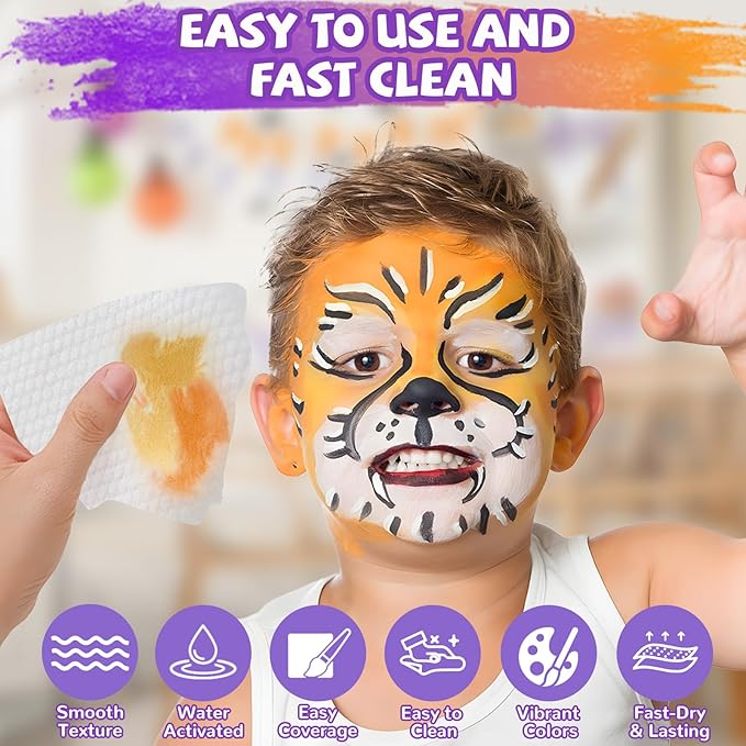 Professional Face Painting Kit for Kids – 54 Color Water Activated Facepaint Makeup Kit, Non-Toxic face Paint with Stencils, Gems, Brushes– for Halloween, Parties, Carnival, School Event & Festivals