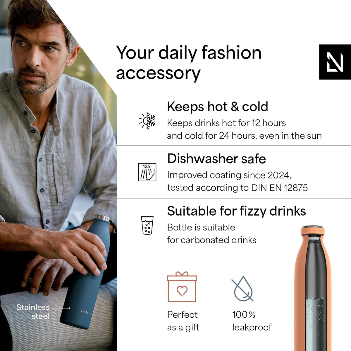 LARS NYSØM Stainless Steel Insulated Water Bottle 12oz 17oz 25oz 34oz 51oz | Insulated Thermo Flask for Hot and Cold Beverages | Leakproof Drinking Bottle (Pumpkin Orange, 25.4 oz)