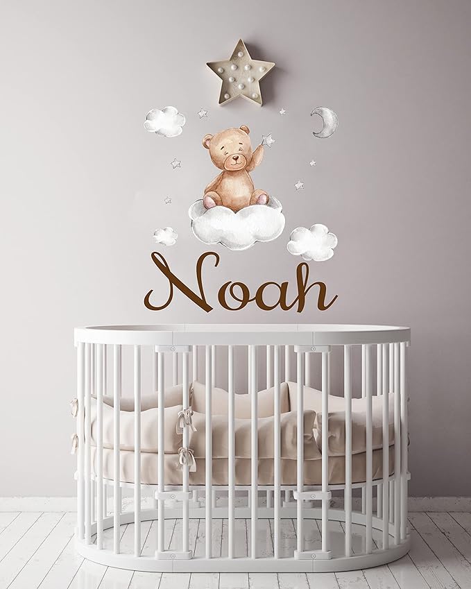 Custom Name Teddy Bear Nursery Wall Decal - Moon, Starts Clouds Watercolor Baby Room Decor for Boys & Girls - Teddy Bear Wall Stickers - Personalized Name Wall Sticker for Nursery playroom