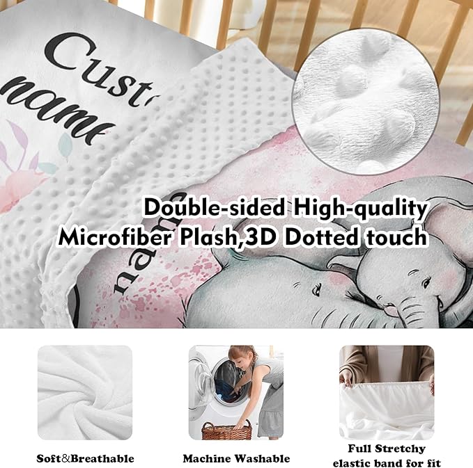 Personalized Baby Crib Bedding Set for Baby Girls, Pink Elephant Design Custom Name Baby Crib Sets 5-Pcs, Toddler Double Layer Blanket Fitted Sheets Changing Pad Cover Rug Wall Art Set