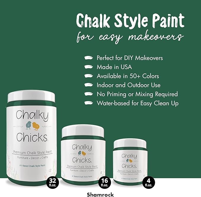 Chalky Chicks All-in-One Chalk Paint for Furniture or Cabinet - 16 Fl Oz - Matte Finish Shamrock (Dark Green) for Metal, Wood Furniture Paint - No Sanding All-in-One for Home Decor & Crafts, USA Made