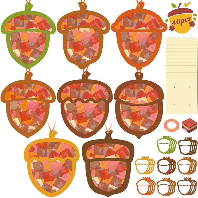 Renbuzhu 40PCS Fall Crafts Bulk: Acorn Paper Suncatchers DIY Kit for Autumn Thanksgiving Activities Decorations, Window Stained Glass Effect Art Supplies