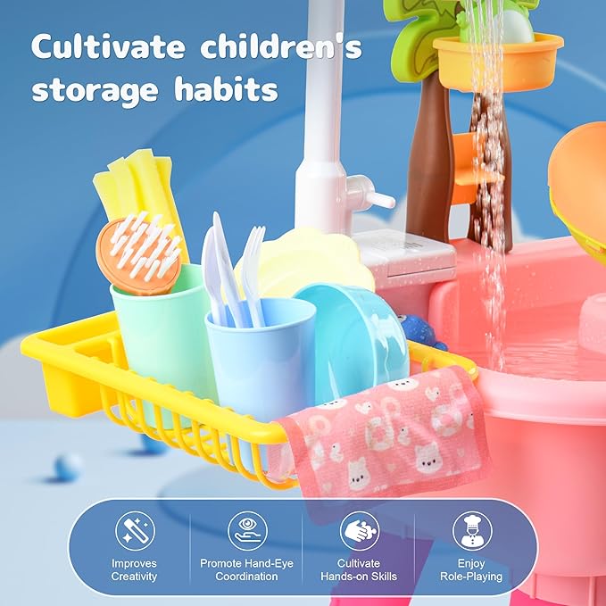 2026 Upgraded Toddler Sand Water Table Toy with Electric Water Pump, Kids Sand Water with Faucet/Play Food Accessories/Fishing Toy, Kitchen Play Sink Toys for Girl Boy Age 3+ (Pink)